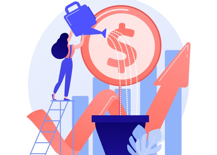 Financial investment. Market trends analysis, investing in lucrative areas, focusing on profitable projects. Businesswoman funding business project. Vector isolated concept metaphor illustration